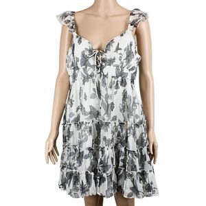 Lace-up Bodice Dress Ruffled Straps Tiered Ruffle Skirt Floral Bkack & White LG